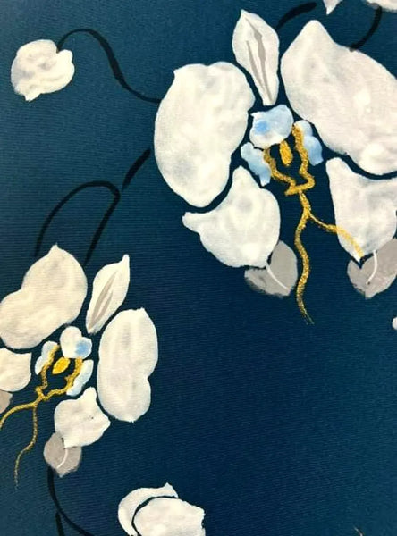 Japanese Teal Blue Kimono Obi Belt: White Orchid Tsukuri, Pre-Tied