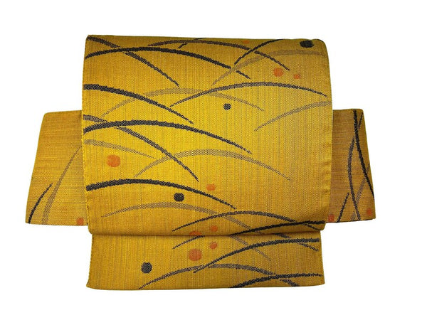 Japanese Mustard Yellow Tsumugi Tsukuri Obi: Pre-Tied Kimono Belt, Grass & Dot Motif