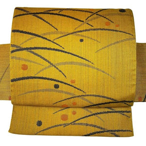Japanese Mustard Yellow Tsumugi Tsukuri Obi: Pre-Tied Kimono Belt, Grass & Dot Motif