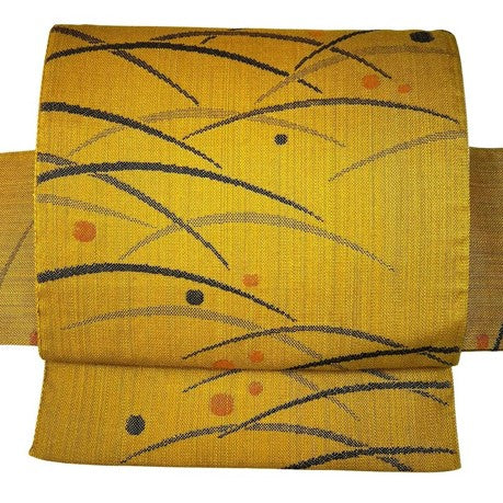 Japanese Mustard Yellow Tsumugi Tsukuri Obi: Pre-Tied Kimono Belt, Grass & Dot Motif