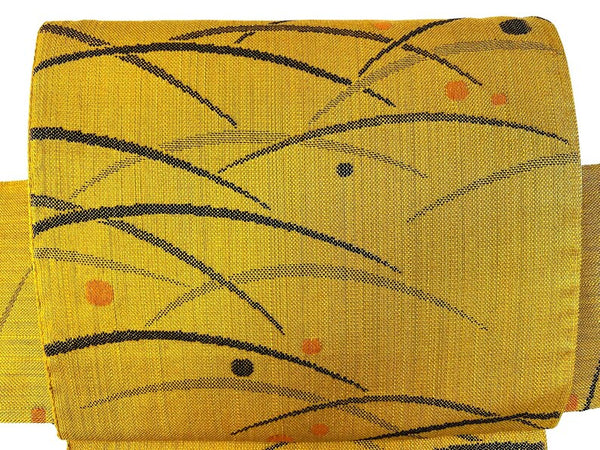 Japanese Mustard Yellow Tsumugi Tsukuri Obi: Pre-Tied Kimono Belt, Grass & Dot Motif