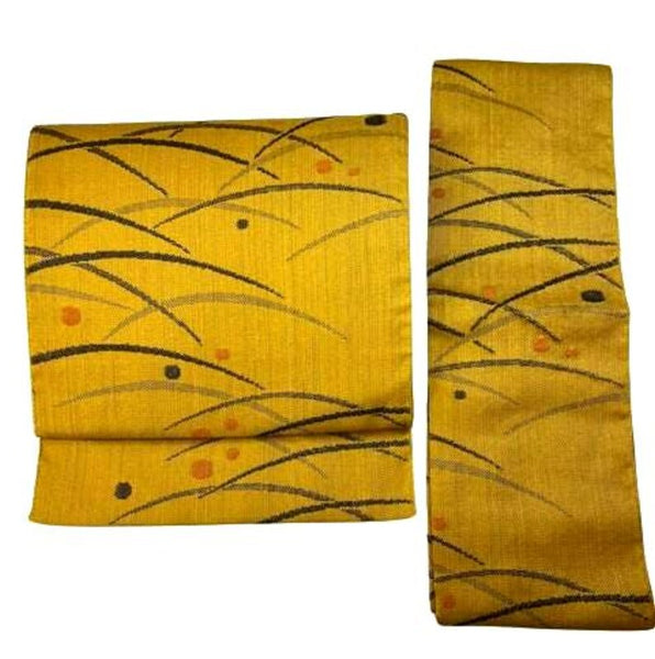 Japanese Mustard Yellow Tsumugi Tsukuri Obi: Pre-Tied Kimono Belt, Grass & Dot Motif