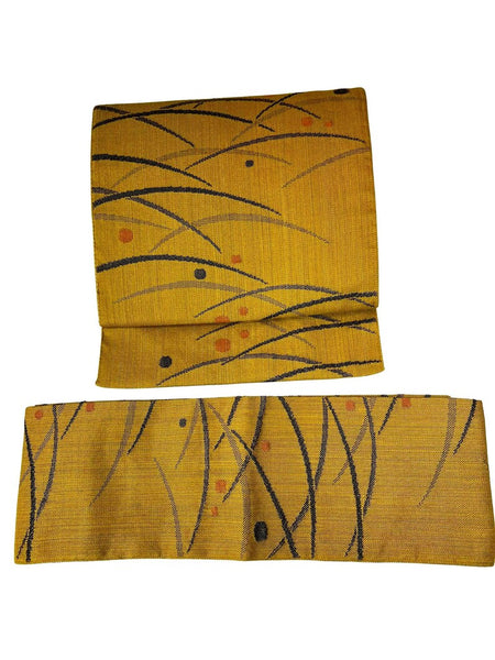Japanese Mustard Yellow Tsumugi Tsukuri Obi: Pre-Tied Kimono Belt, Grass & Dot Motif