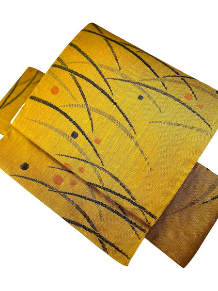 Japanese Mustard Yellow Tsumugi Tsukuri Obi: Pre-Tied Kimono Belt, Grass & Dot Motif