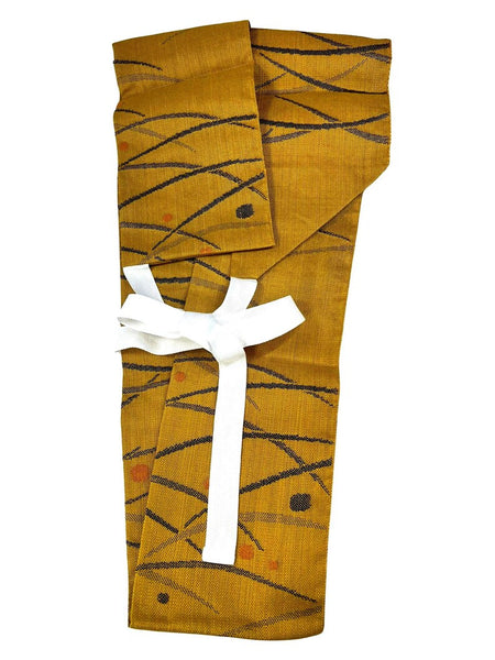 Japanese Mustard Yellow Tsumugi Tsukuri Obi: Pre-Tied Kimono Belt, Grass & Dot Motif