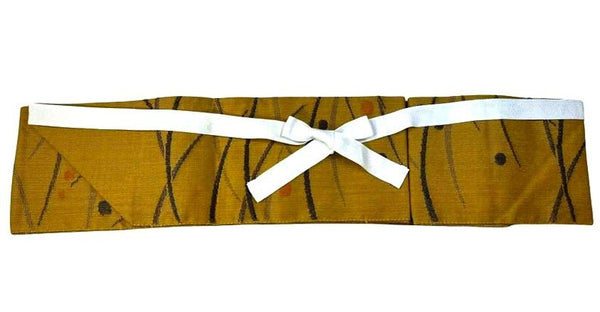 Japanese Mustard Yellow Tsumugi Tsukuri Obi: Pre-Tied Kimono Belt, Grass & Dot Motif