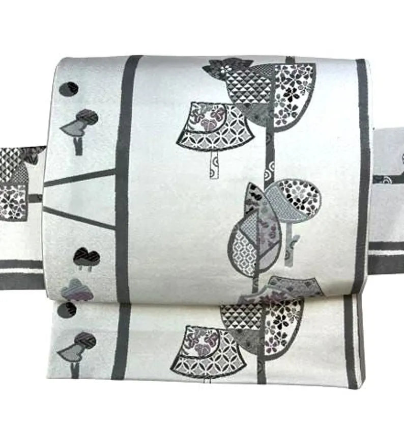 Japanese Pre-Tied Kimono Obi Belt: Gray Fan & Floral Tsukuri Obi - Made in Japan