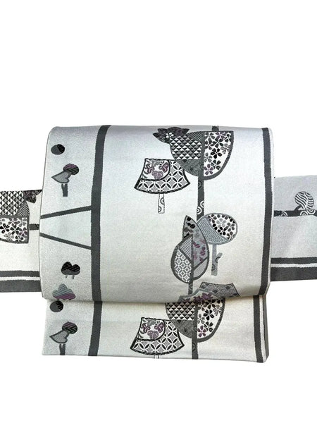 Japanese Pre-Tied Kimono Obi Belt: Gray Fan & Floral Tsukuri Obi - Made in Japan