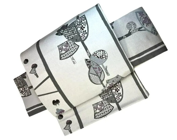 Japanese Pre-Tied Kimono Obi Belt: Gray Fan & Floral Tsukuri Obi - Made in Japan