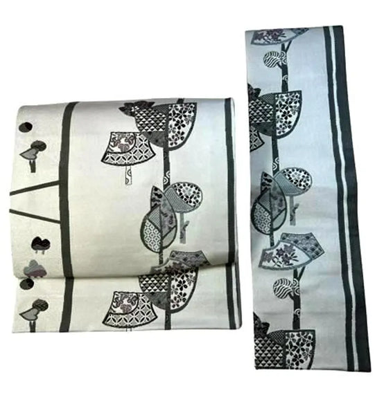 Japanese Pre-Tied Kimono Obi Belt: Gray Fan & Floral Tsukuri Obi - Made in Japan