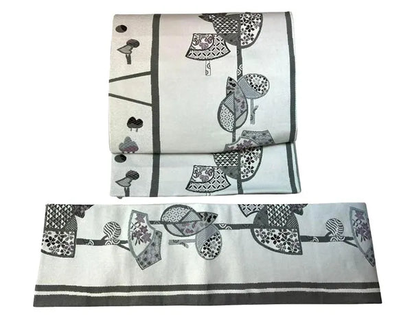 Japanese Pre-Tied Kimono Obi Belt: Gray Fan & Floral Tsukuri Obi - Made in Japan