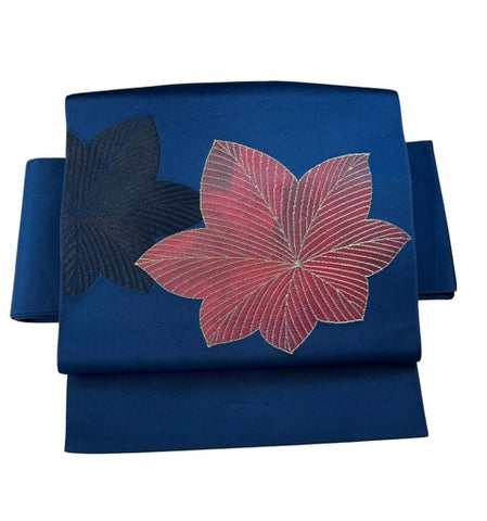 Vintage Japanese Obi Belt | Pre-tied Kimono Obi with Red and Black Maple Leaf Embroidery