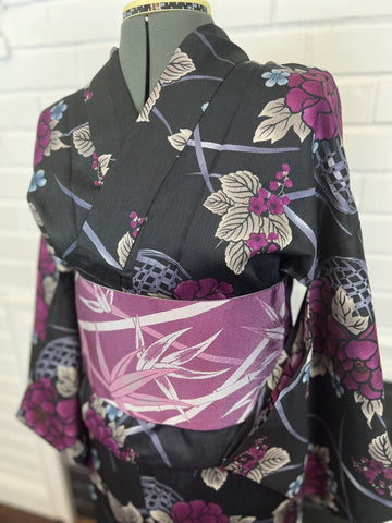 YUKATA and OBI 2 pc set, Purple flower, Size: Free / Japanese Traditional Women's Yukata and Reversible Han-haba Obi