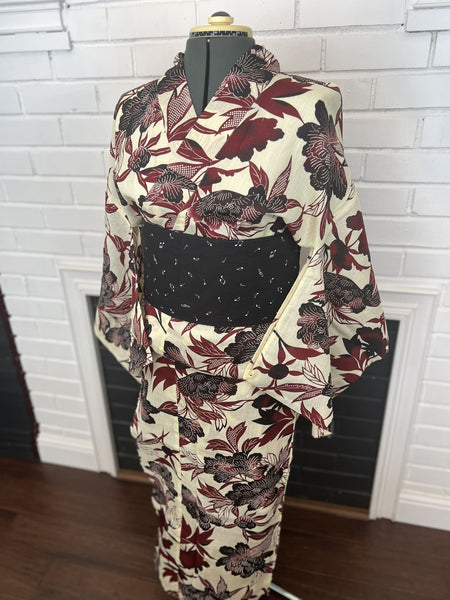 YUKATA and OBI 2 pc set, Red-wine Peony flower, Size: Free / Japanese Traditional Women's Yukata and Reversible Han-haba Obi