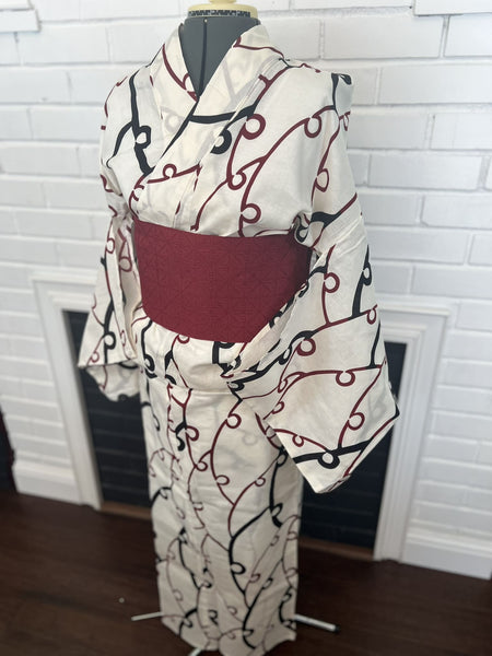 YUKATA and OBI 2 pc set, Red and Black Wave Crest, Size: Free / Japanese Traditional Women's Yukata and Han-haba Obi