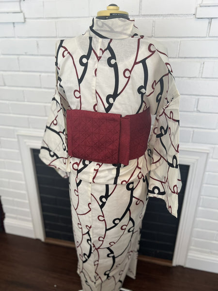 YUKATA and OBI 2 pc set, Red and Black Wave Crest, Size: Free / Japanese Traditional Women's Yukata and Han-haba Obi