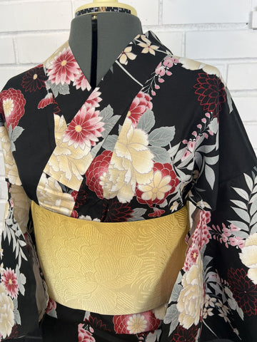 Japanese YUKATA, Black Chrysanthemum & Peony, Size: M / Japanese Traditional Women's Yukata