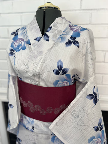 YUKATA and OBI 2 pc set, Size: M, White, Blue and purple with shimmering silver glitter roses, / Japanese Traditional Women's Yukata and Han-haba Obi