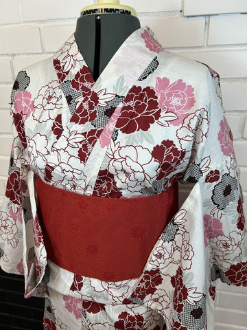 YUKATA and OBI 2 pc set, Size: M-L, Pink and Red Peony on White / Japanese Traditional Women's Yukata and Han-haba Obi