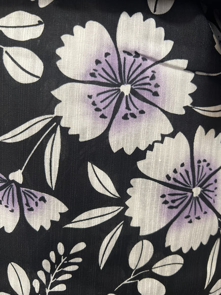 YUKATA and OBI 2 pc set, Size: M-L, Black Floral Yukata & Purple Obi Set / Japanese Traditional Women's Yukata and Han-haba Obi