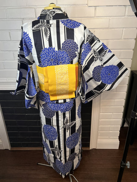 YUKATA and OBI 2 pc set, Size: M, Blue Chrysanthemum & Butterfly Yukata & Yellow Obi Set / Japanese Traditional Women's Yukata and Han-haba Obi