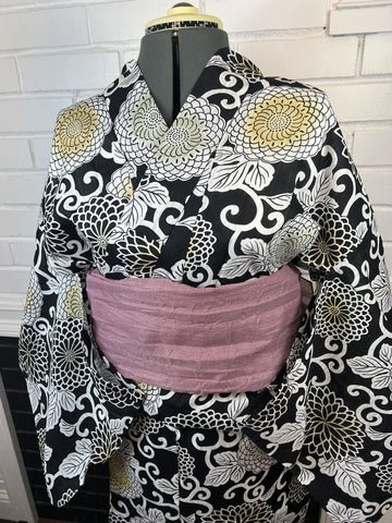 YUKATA and OBI 2 pc set, Size: M-L, Elegant Chrysanthemum on Black / Japanese Traditional Women's Yukata and Heko Obi