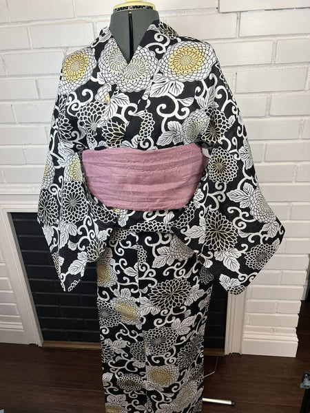 YUKATA and OBI 2 pc set, Size: M-L, Elegant Chrysanthemum on Black / Japanese Traditional Women's Yukata and Heko Obi