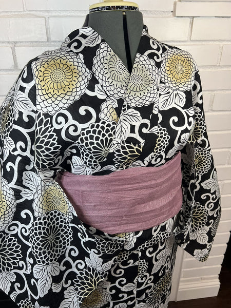 Japanese Yukata – Black with Gold and White Chrysanthemum, Size M-L