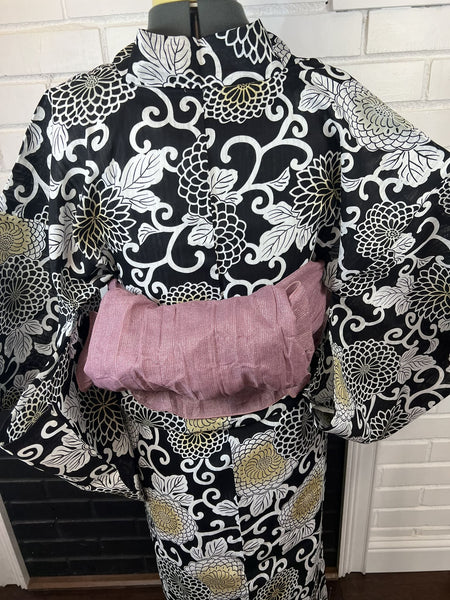 Japanese Yukata – Black with Gold and White Chrysanthemum, Size M-L