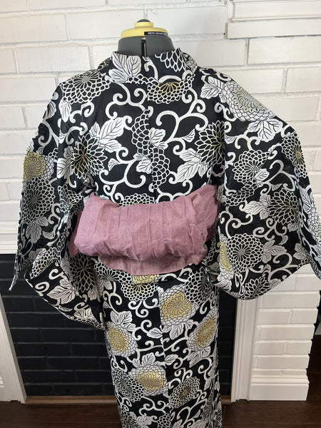 Japanese Yukata – Black with Gold and White Chrysanthemum, Size M-L