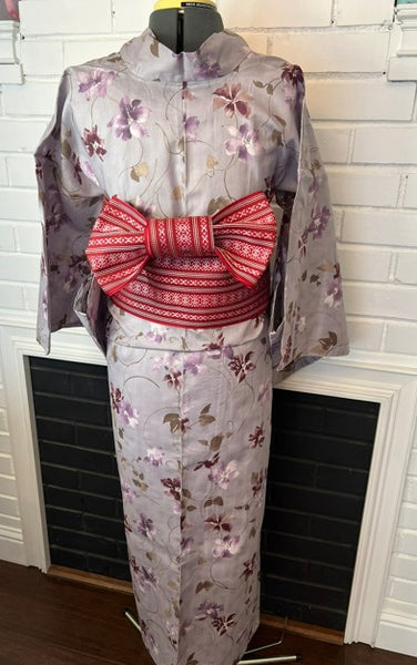 Japanese Yukata & Obi Set – Purple Grey with Floral Print & Red Geometric Weave Obi