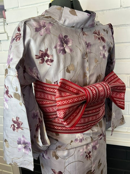 Japanese Yukata & Obi Set – Purple Grey with Floral Print & Red Geometric Weave Obi