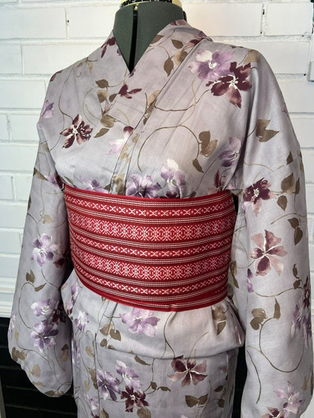 Japanese Yukata & Obi Set – Purple Grey with Floral Print & Red Geometric Weave Obi