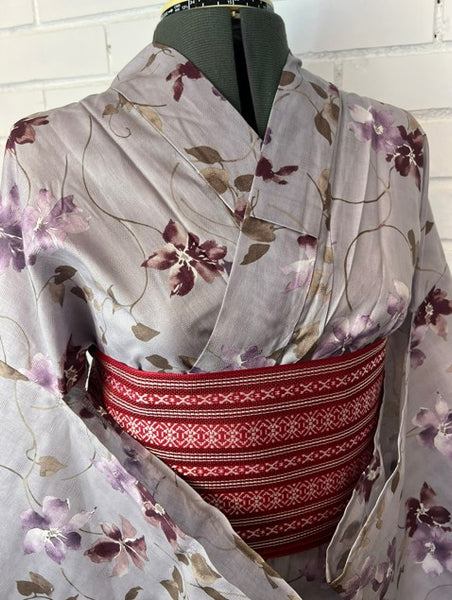Japanese Yukata & Obi Set – Purple Grey with Floral Print & Red Geometric Weave Obi