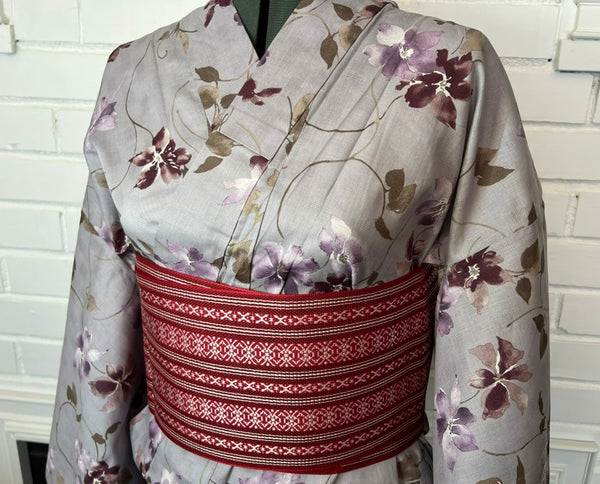 Japanese Yukata & Obi Set – Purple Grey with Floral Print & Red Geometric Weave Obi