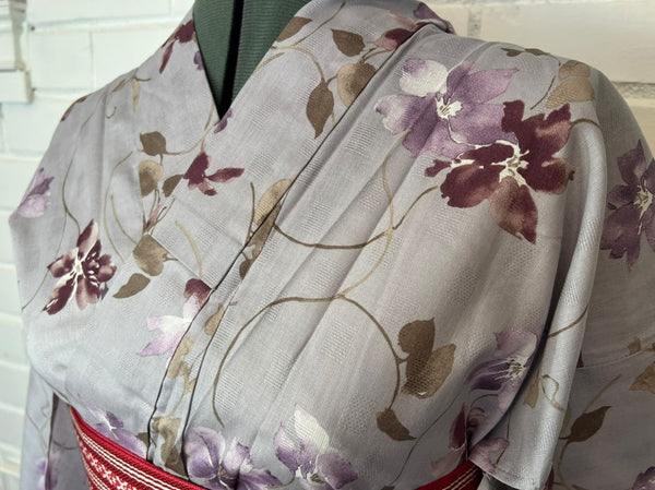 Japanese Yukata & Obi Set – Purple Grey with Floral Print & Red Geometric Weave Obi