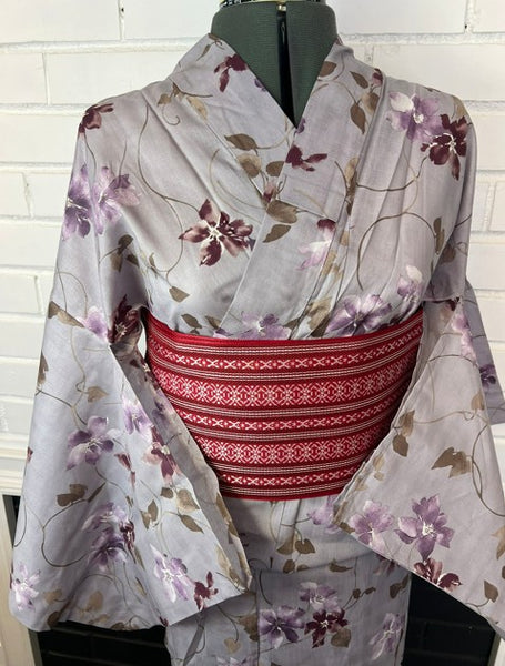 Japanese Yukata & Obi Set – Purple Grey with Floral Print & Red Geometric Weave Obi
