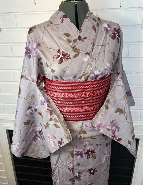 Japanese Yukata & Obi Set – Purple Grey with Floral Print & Red Geometric Weave Obi