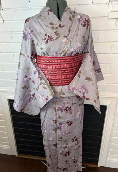 Japanese Yukata & Obi Set – Purple Grey with Floral Print & Red Geometric Weave Obi