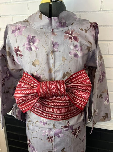 Japanese Yukata & Obi Set – Purple Grey with Floral Print & Red Geometric Weave Obi