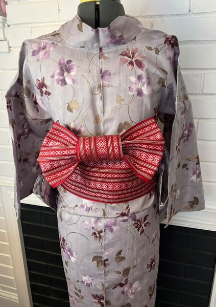Japanese Yukata & Obi Set – Purple Grey with Floral Print & Red Geometric Weave Obi