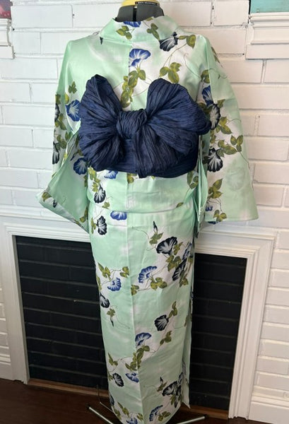 Japanese Yukata & Obi Set – Mint Green Morning Glory (Asagao) Yukata with Crinkled Navy Heko Obi