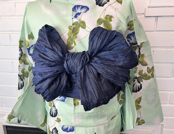 Japanese Yukata & Obi Set – Mint Green Morning Glory (Asagao) Yukata with Crinkled Navy Heko Obi