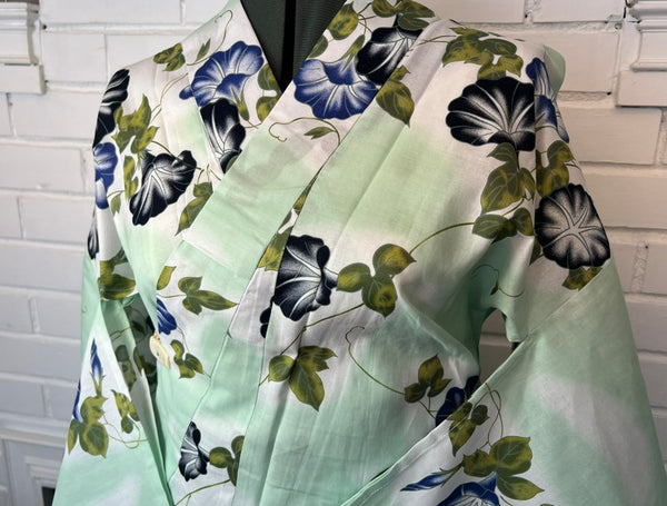 Japanese Yukata & Obi Set – Mint Green Morning Glory (Asagao) Yukata with Crinkled Navy Heko Obi