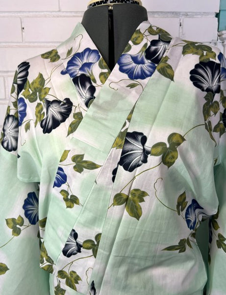 Japanese Yukata & Obi Set – Mint Green Morning Glory (Asagao) Yukata with Crinkled Navy Heko Obi