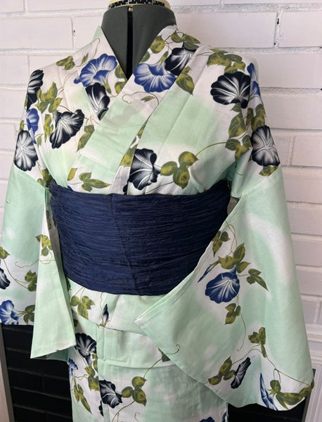 Japanese Yukata & Obi Set – Mint Green Morning Glory (Asagao) Yukata with Crinkled Navy Heko Obi