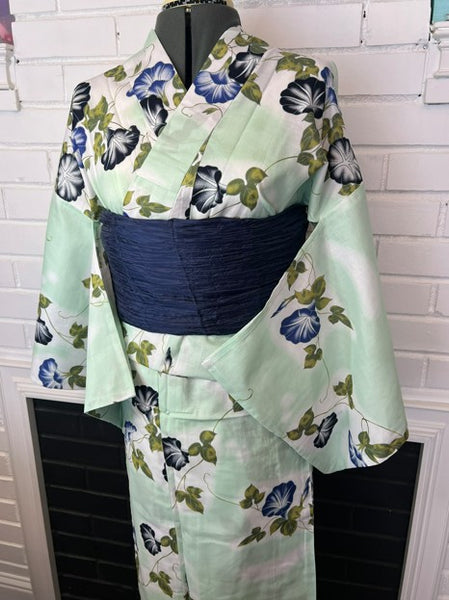 Japanese Yukata & Obi Set – Mint Green Morning Glory (Asagao) Yukata with Crinkled Navy Heko Obi