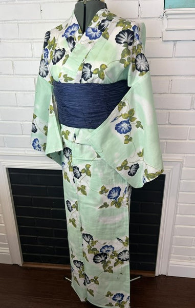 Japanese Yukata & Obi Set – Mint Green Morning Glory (Asagao) Yukata with Crinkled Navy Heko Obi