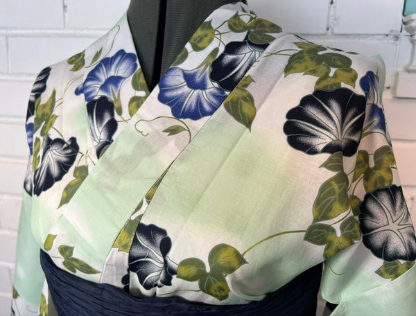 Japanese Yukata & Obi Set – Mint Green Morning Glory (Asagao) Yukata with Crinkled Navy Heko Obi