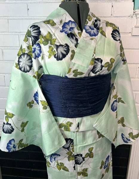 Japanese Yukata & Obi Set – Mint Green Morning Glory (Asagao) Yukata with Crinkled Navy Heko Obi